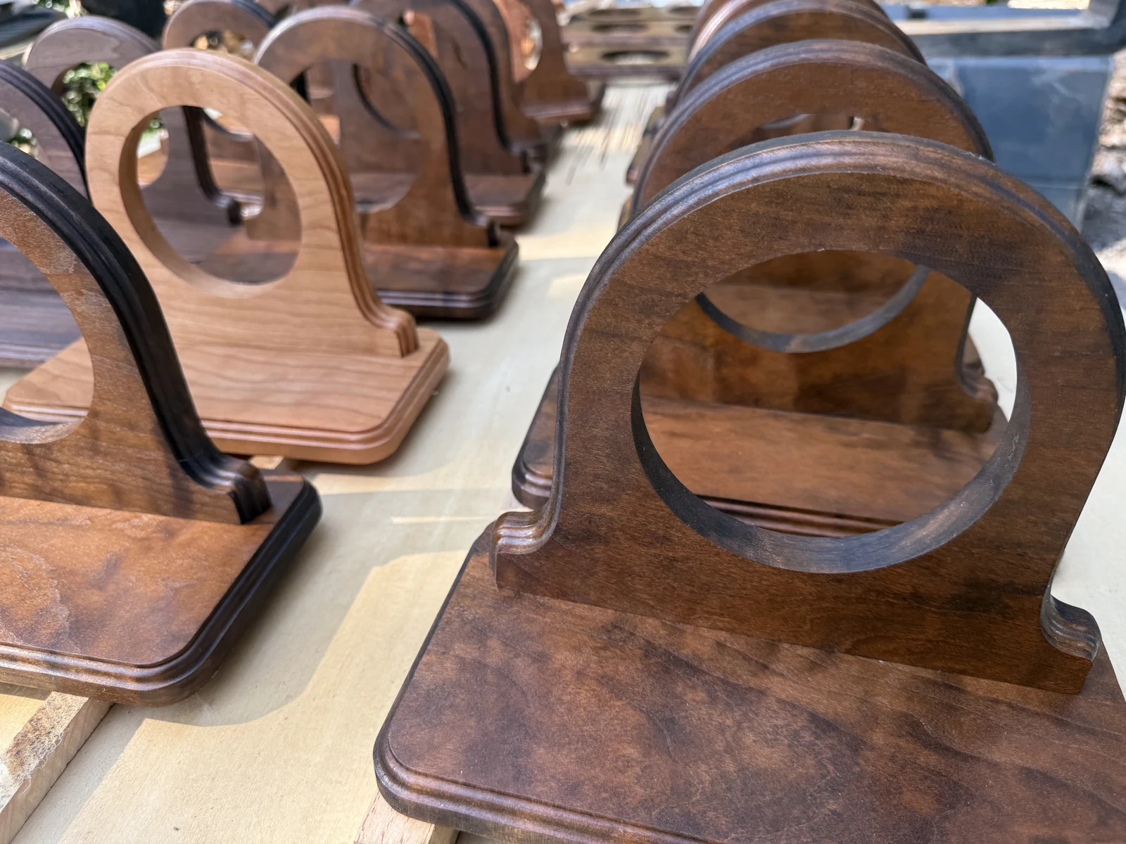 Shaped wooden components arranged on a workbench